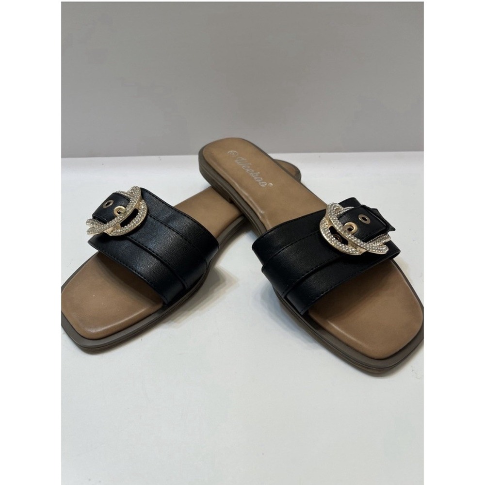 Weeboo Women's 9 Slip On Sandals Black Rhinestone Rose Gold Buckle
